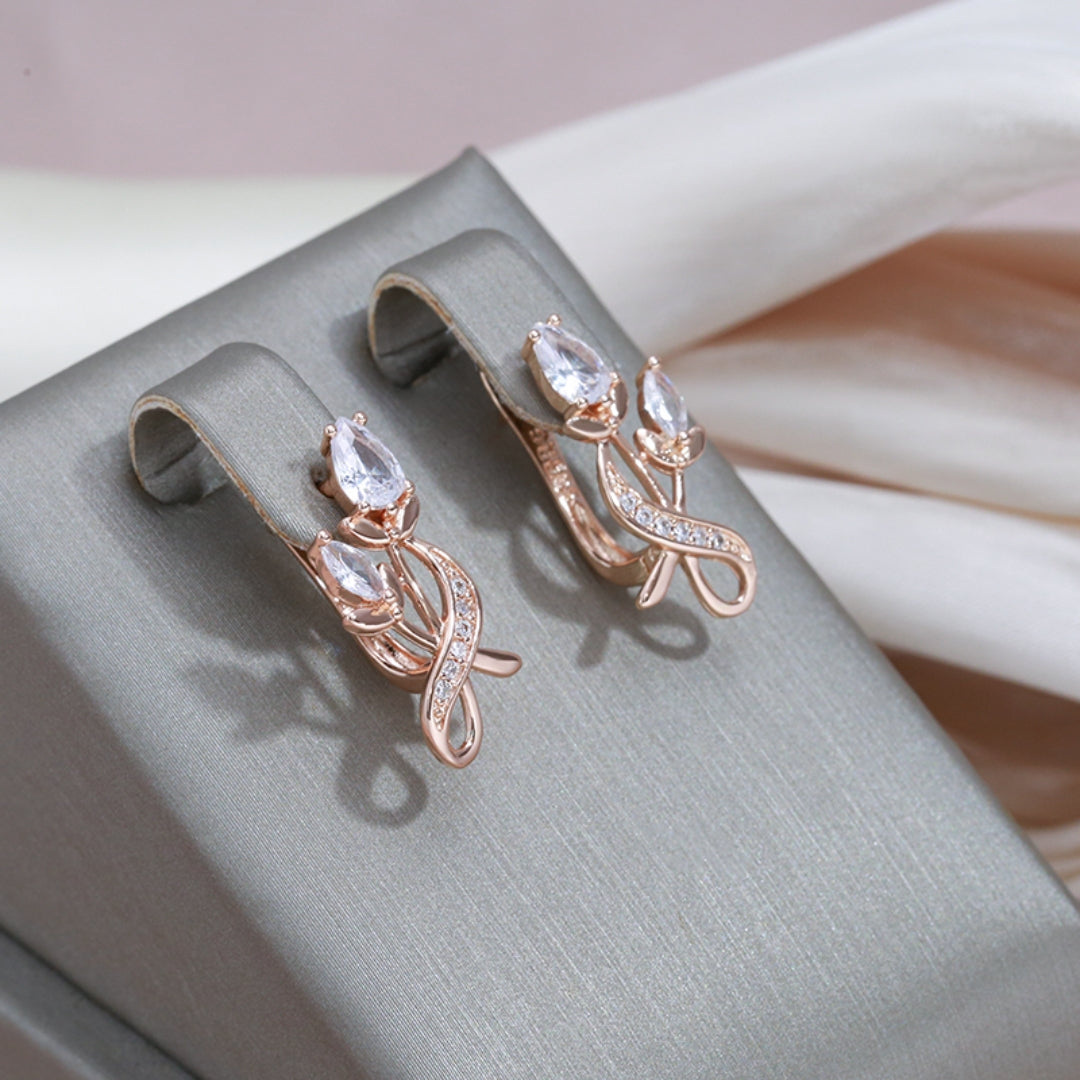 Elegant Crystal Rose Earrings with Zirconia in Gold