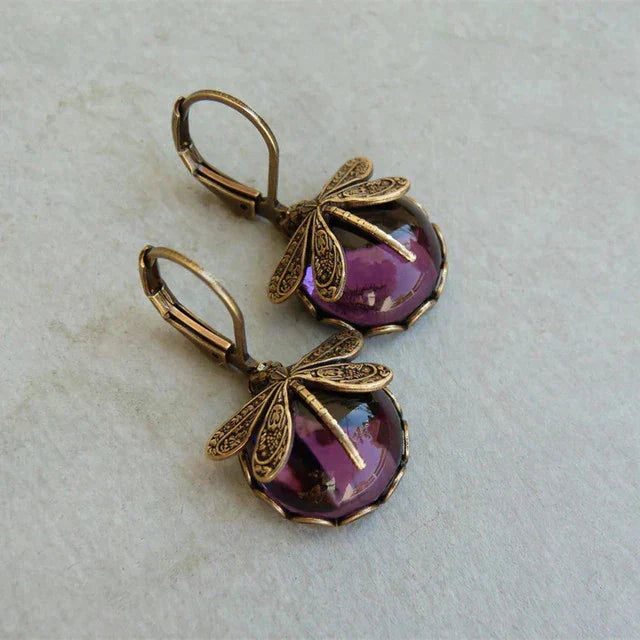 Spherical Antique Earrings with a Dragonfly Pendant