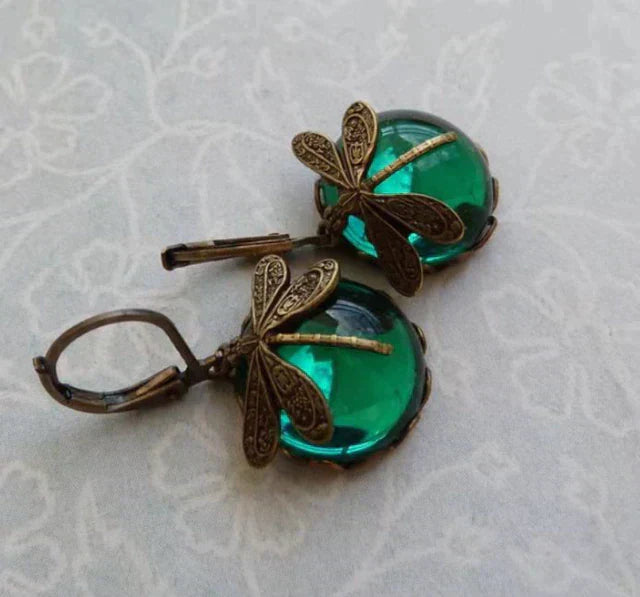 Spherical Antique Earrings with a Dragonfly Pendant