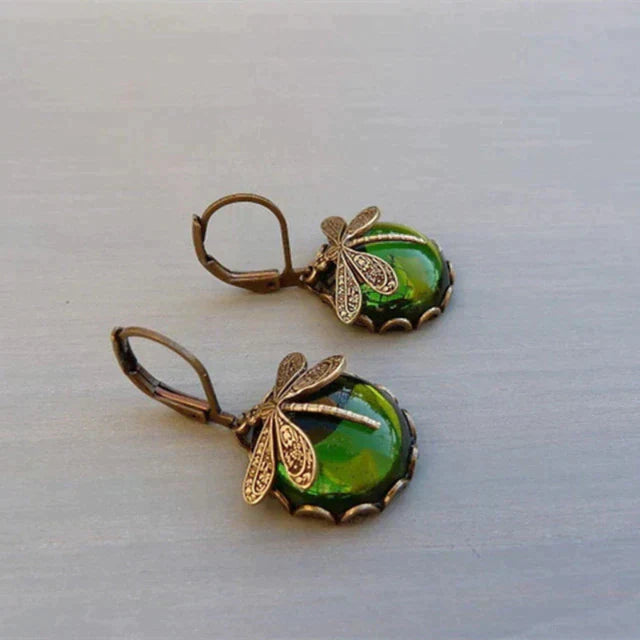 Spherical Antique Earrings with a Dragonfly Pendant