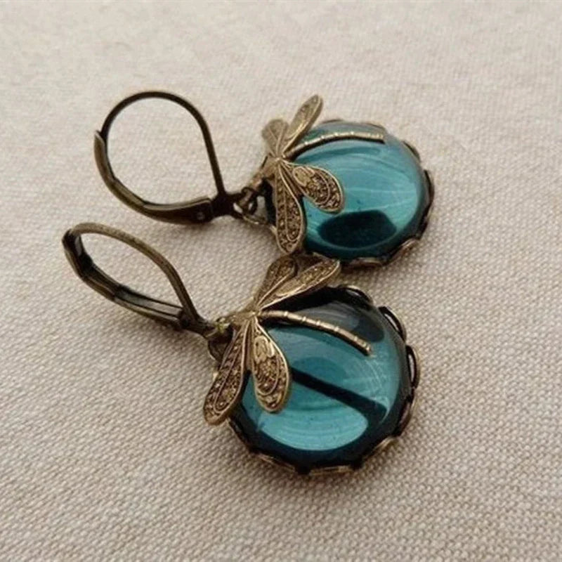 Spherical Antique Earrings with a Dragonfly Pendant