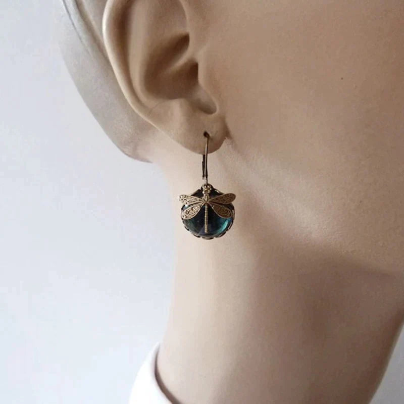 Spherical Antique Earrings with a Dragonfly Pendant
