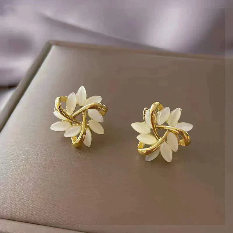 Luxurious Elegant White Opal Earrings in Gold Color