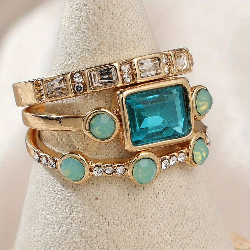 Vintage Elegant Blue Crystal Ring Set