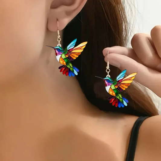 Acrylic Hummingbird Dangle Earrings – Bright 2D Bird Design