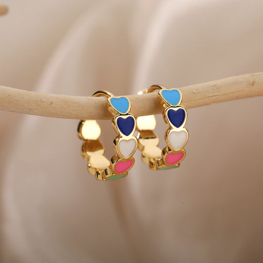 Minimalist Multicolored Hearts in Gold Earrings