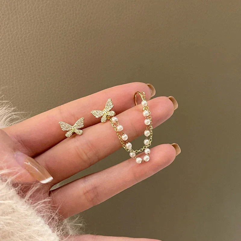 Gold Butterfly Pendant Earrings with Pearls and Zirconia