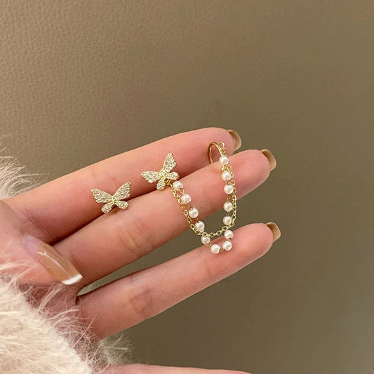 Gold Butterfly Pendant Earrings with Pearls and Zirconia