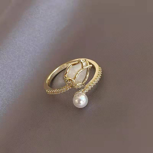 Adjustable White Tulip Ring With Pearl In Gold Color